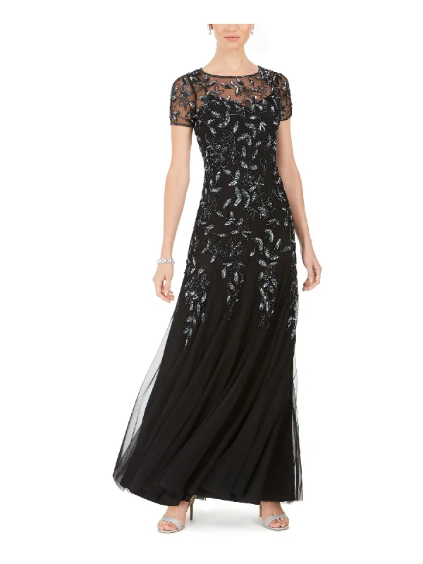 Sale Event ADRIANNA PAPELL Womens Black Zippered Embellished Lined Sheer Godet Panels Floral Short Sleeve Crew Neck Full-Length Evening Gown Dress Sale Event ADRIANNA PAPELL Womens Black Zippered Embellished Lined Sheer Godet Panels Floral Short Sleeve Crew Neck Full-Length Evening Gown Dress