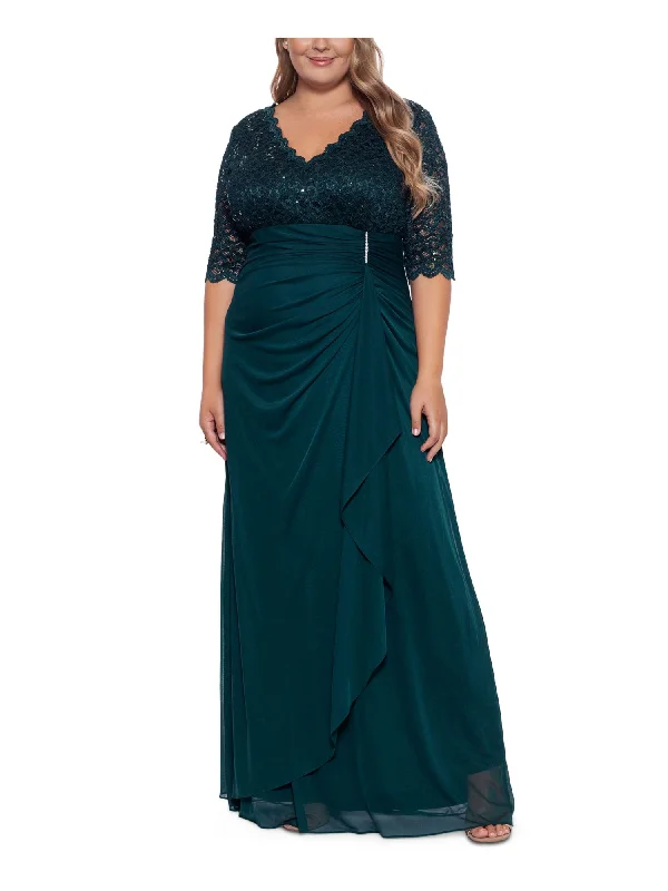 Best Deals B&A BY BETSY & ADAM Womens Green Sequined Lace Zippered V-back Lined Elbow Sleeve V Neck Full-Length Evening Gown Dress Best Deals B&A BY BETSY & ADAM Womens Green Sequined Lace Zippered V-back Lined Elbow Sleeve V Neck Full-Length Evening Gown Dress