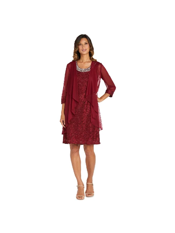 While Supplies Last R&M RICHARDS Womens Maroon Embellished Lined Open Front 3/4 Sleeve Jacket Sleeveless Round Neck Above The Knee Cocktail Sheath Dress While Supplies Last R&M RICHARDS Womens Maroon Embellished Lined Open Front 3/4 Sleeve Jacket Sleeveless Round Neck Above The Knee Cocktail Sheath Dress