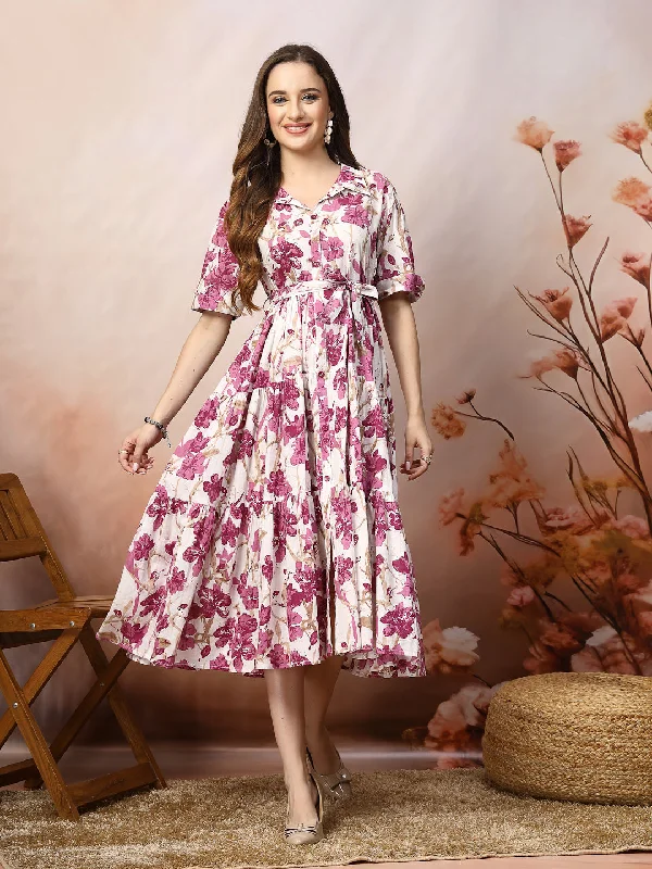 Year-End Sale Floral Printed Cotton Flared Dress