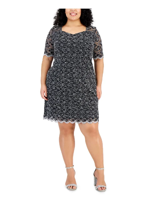 Amazing Deals CONNECTED APPAREL Womens Black Lined Metallic Lace Pull-over Elbow Sleeve Sweetheart Neckline Above The Knee Cocktail Sheath Dress