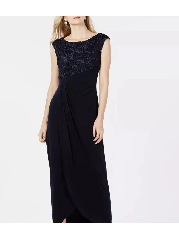 Best Deals CONNECTED APPAREL Womens Navy Gathered Lined Pull On Tulip Hem Soutache Sleeveless Round Neck Maxi Evening Gown Dress Best Deals CONNECTED APPAREL Womens Navy Gathered Lined Pull On Tulip Hem Soutache Sleeveless Round Neck Maxi Evening Gown Dress