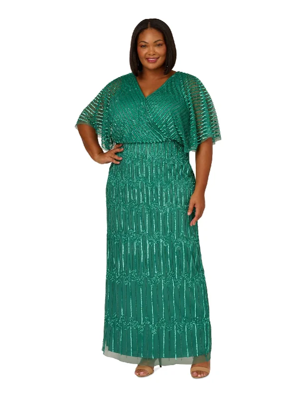 Price Rollback ADRIANNA PAPELL Womens Green Beaded Sequined Zippered Lined Flutter Sleeve Surplice Neckline Full-Length Party Blouson Dress