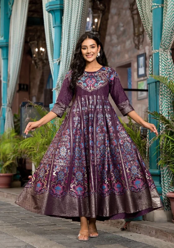 Price Cut Plum Ethnic Motif Printed Santoon Dress With Thread & Zari Work