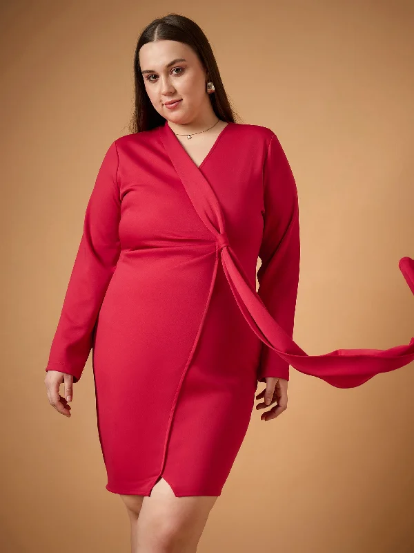 Discount Mania Women Red Front Knot Detail Short Dress