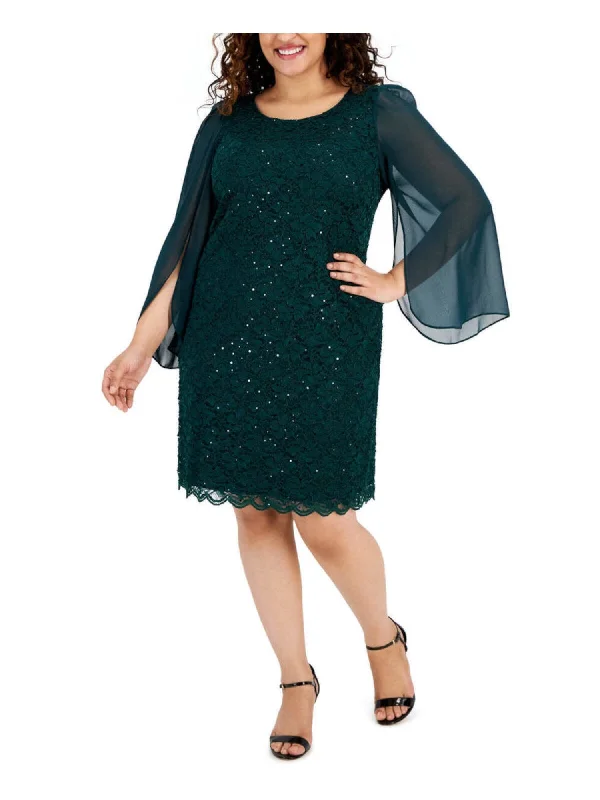 Markdowns CONNECTED APPAREL Womens Green Embellished Lined Pull On Slit Long Sleeve Scallop Flutter Sleeve Scoop Neck Above The Knee Party Shift Dress Markdowns CONNECTED APPAREL Womens Green Embellished Lined Pull On Slit Long Sleeve Scallop Flutter Sleeve Scoop Neck Above The Knee Party Shift Dress