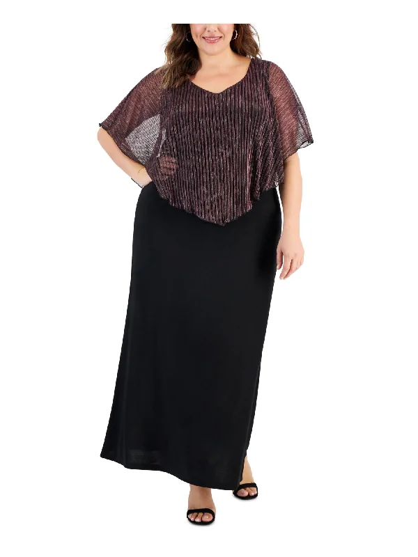 Act Fast CONNECTED APPAREL Womens Black Unlined Pleated Mesh Cape Overlay Flutter Sleeve V Neck Maxi Party Shift Dress Act Fast CONNECTED APPAREL Womens Black Unlined Pleated Mesh Cape Overlay Flutter Sleeve V Neck Maxi Party Shift Dress
