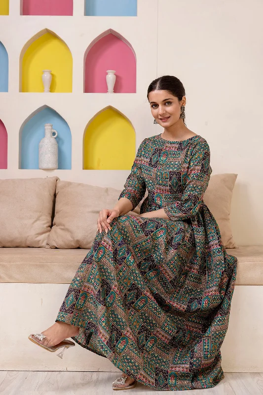 Discount Deals Women Green Abstract Printed Flared Dress