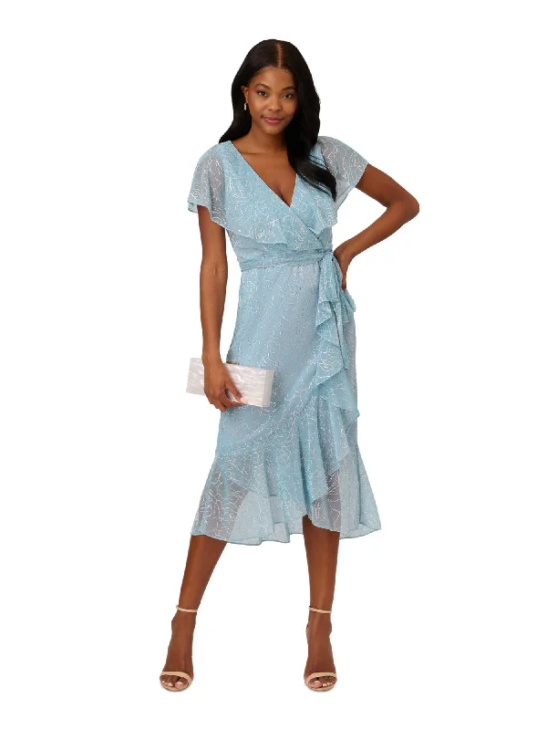 Weekend Flash Sale ADRIANNA PAPELL Womens Aqua Zippered Lined Metallic Belted Ruffled Capelet Floral Flutter Sleeve Surplice Neckline Midi Party Mermaid Dress Weekend Flash Sale ADRIANNA PAPELL Womens Aqua Zippered Lined Metallic Belted Ruffled Capelet Floral Flutter Sleeve Surplice Neckline Midi Party Mermaid Dress