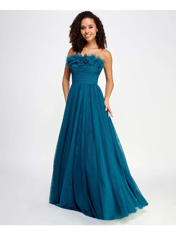One-DAY Sale CITY STUDIO Womens Teal Zippered Embellished Soft Cup Ruffled Ruched Sides Li Sleeveless Strapless Full-Length Formal Gown Dress