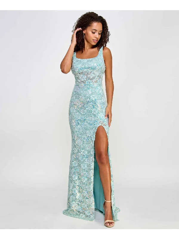 Unmissable Offer CITY STUDIO Womens Aqua Zippered Slitted Sheer Corset Boned Midriff Lined Sleeveless Square Neck Full-Length Prom Gown Dress Unmissable Offer CITY STUDIO Womens Aqua Zippered Slitted Sheer Corset Boned Midriff Lined Sleeveless Square Neck Full-Length Prom Gown Dress