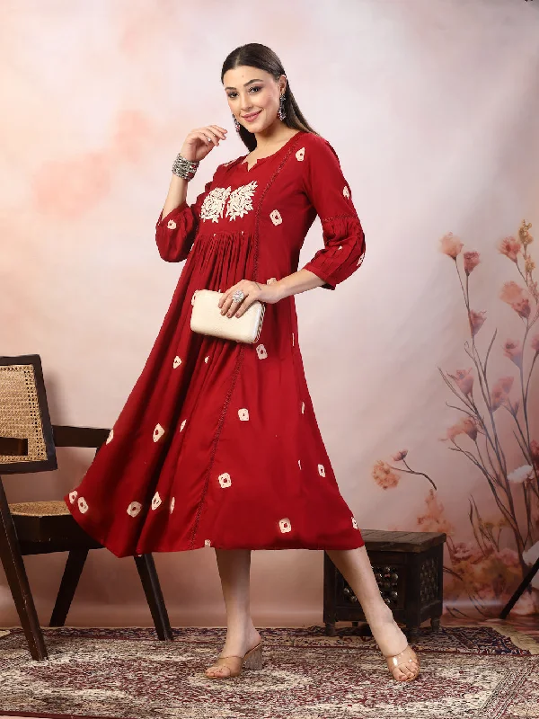 Discount Extravaganza Maroon Bandhej Printed & Embroidered Rayon Maxi Dress