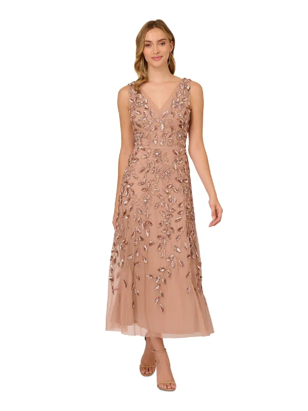 Deal Dash ADRIANNA PAPELL Womens Pink Embellished Zippered Lined Sleeveless V Neck Midi Formal Fit + Flare Dress Deal Dash ADRIANNA PAPELL Womens Pink Embellished Zippered Lined Sleeveless V Neck Midi Formal Fit + Flare Dress