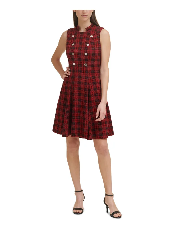 Instant Savings TOMMY HILFIGER Womens Red Zippered Pleated Double Breasted Buttons Plaid Sleeveless Mock Neck Above The Knee Party Fit + Flare Dress Instant Savings TOMMY HILFIGER Womens Red Zippered Pleated Double Breasted Buttons Plaid Sleeveless Mock Neck Above The Knee Party Fit + Flare Dress