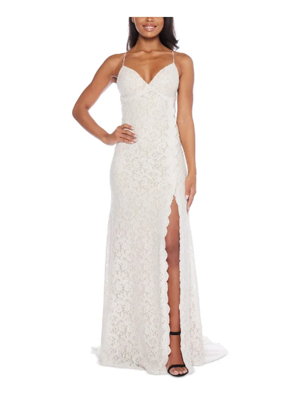 Early Access B DARLIN Womens Ivory Zippered Open Back Scalloped Slit Lined Spaghetti Strap V Neck Full-Length Prom Gown Dress Early Access B DARLIN Womens Ivory Zippered Open Back Scalloped Slit Lined Spaghetti Strap V Neck Full-Length Prom Gown Dress