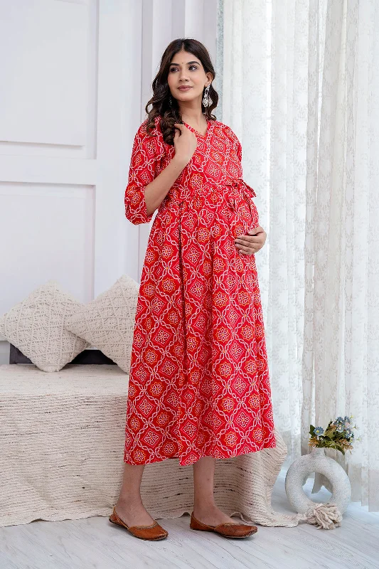 Extra Discounts Red Printed Maternity Dress For Women