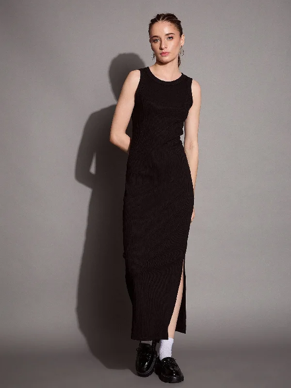 Take Advantage Women Black Ribbed Sleeveless Bodycon Maxi Dress
