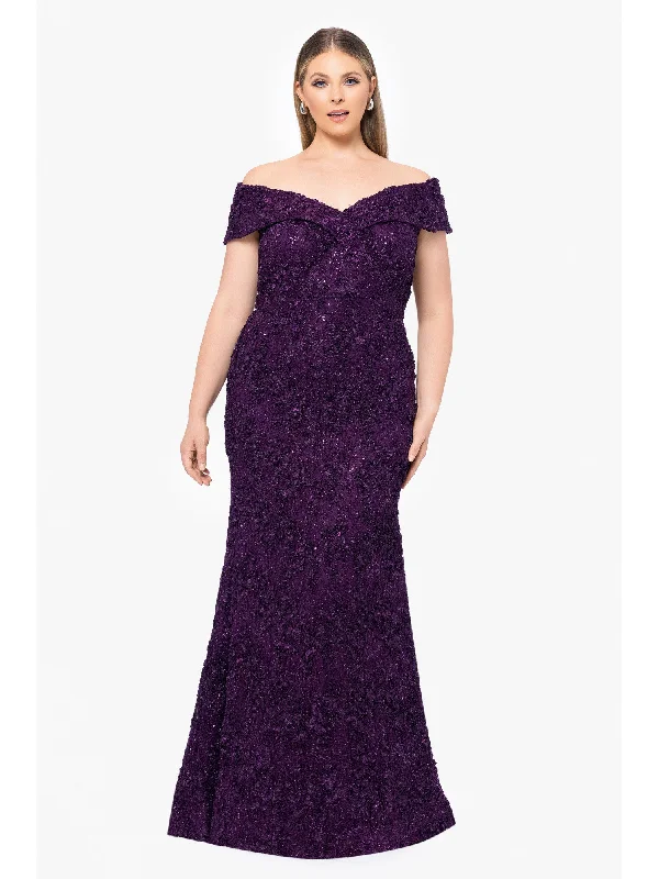 Today’s Deal XSCAPE Womens Purple Zippered Embellished Lace Lined Textured Short Sleeve Off Shoulder Full-Length Formal Gown Dress Today’s Deal XSCAPE Womens Purple Zippered Embellished Lace Lined Textured Short Sleeve Off Shoulder Full-Length Formal Gown Dress
