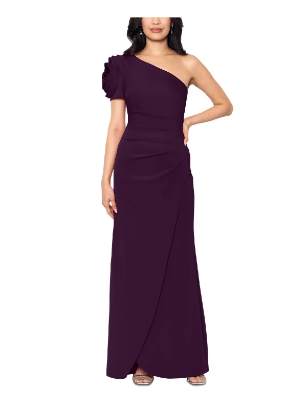 Huge Discounts XSCAPE Womens Purple Zippered Pleated Floral Detail Sleeve Drape Skirt Asymmetrical Neckline Full-Length Evening Gown Dress Huge Discounts XSCAPE Womens Purple Zippered Pleated Floral Detail Sleeve Drape Skirt Asymmetrical Neckline Full-Length Evening Gown Dress