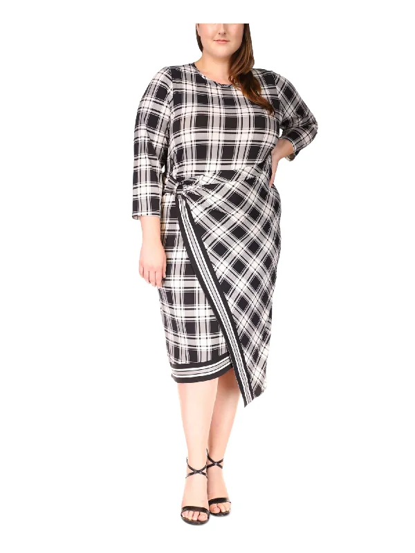 Special Promotion MICHAEL MICHAEL KORS Womens White Unlined Asymmetrical Pullover Plaid 3/4 Sleeve Crew Neck Midi Faux Wrap Dress Special Promotion MICHAEL MICHAEL KORS Womens White Unlined Asymmetrical Pullover Plaid 3/4 Sleeve Crew Neck Midi Faux Wrap Dress