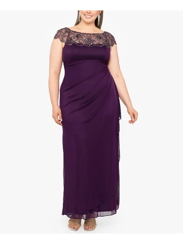 Seasonal Sale XSCAPE Womens Purple Zippered Beaded Cascading Ruffle Lined Cap Sleeve Boat Neck Full-Length Evening Sheath Dress Seasonal Sale XSCAPE Womens Purple Zippered Beaded Cascading Ruffle Lined Cap Sleeve Boat Neck Full-Length Evening Sheath Dress