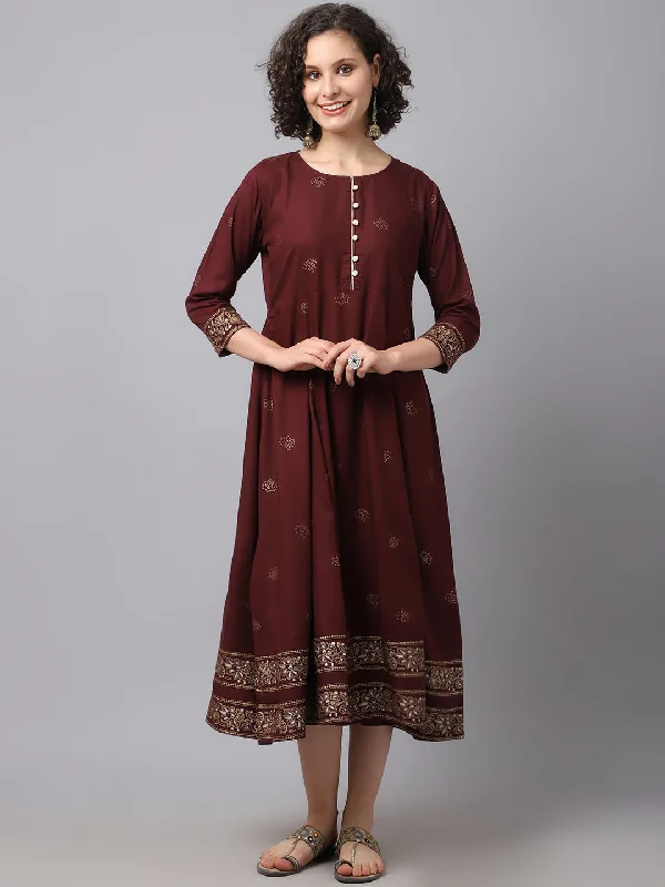 Limited Availability Women Maroon Ethnic Motifs Printed Kurta Dress
