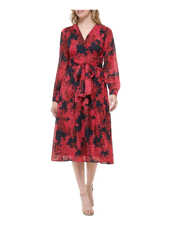 Bonus Savings TOMMY HILFIGER Womens Blue Zippered Lined Attached Tie-belt Floral Cuffed Sleeve Surplice Neckline Midi Wear To Work Shift Dress Bonus Savings TOMMY HILFIGER Womens Blue Zippered Lined Attached Tie-belt Floral Cuffed Sleeve Surplice Neckline Midi Wear To Work Shift Dress