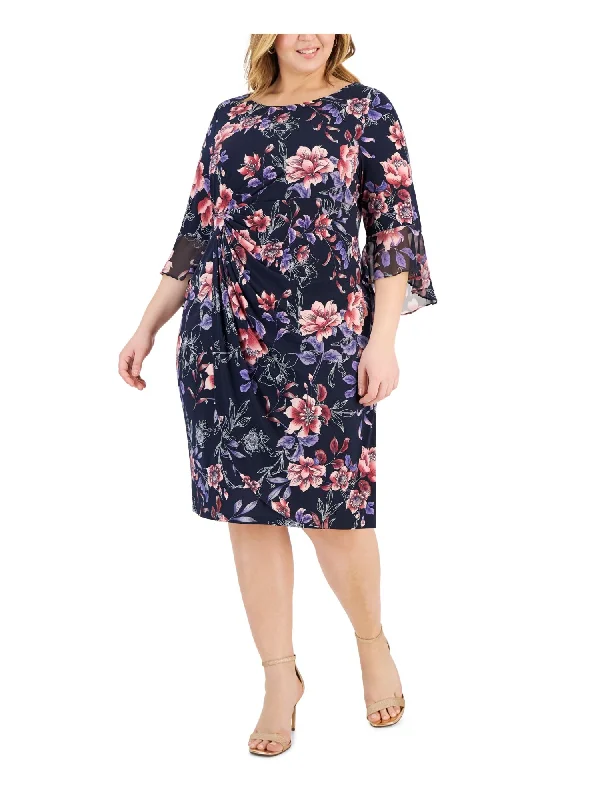 Lowest Prices CONNECTED APPAREL Womens Navy Pleated Side Tab Overlay Skirt Pullover Floral Bell Sleeve Round Neck Knee Length Wear To Work Sheath Dress Lowest Prices CONNECTED APPAREL Womens Navy Pleated Side Tab Overlay Skirt Pullover Floral Bell Sleeve Round Neck Knee Length Wear To Work Sheath Dress