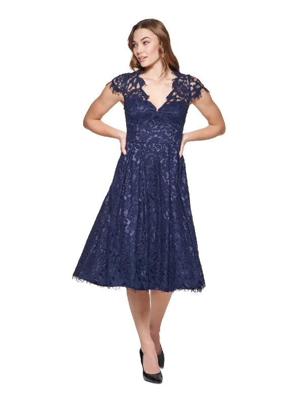 Fantastic Deals ELIZA J Womens Navy Zippered Scalloped Eyelash Trim Padded Cups Lined Cap Sleeve V Neck Below The Knee Fit + Flare Dress Fantastic Deals ELIZA J Womens Navy Zippered Scalloped Eyelash Trim Padded Cups Lined Cap Sleeve V Neck Below The Knee Fit + Flare Dress