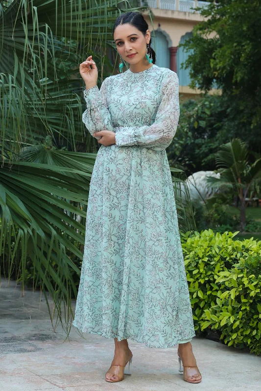 Closeout Women Sage Green Alphine Chiffon Printed Dress & Belt