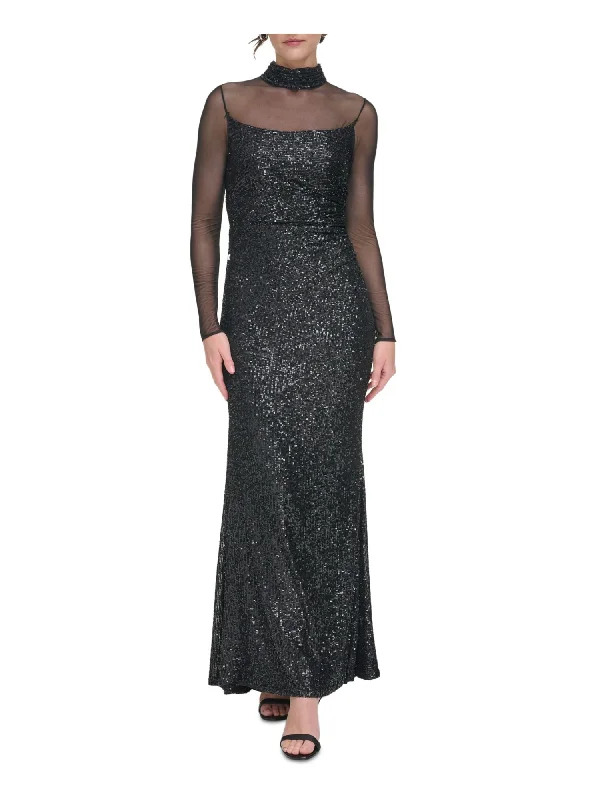 Final Sale ELIZA J Womens Black Sequined Lined Mesh Keyhole Long Sleeve Mock Neck Full-Length Cocktail Gown Dress Final Sale ELIZA J Womens Black Sequined Lined Mesh Keyhole Long Sleeve Mock Neck Full-Length Cocktail Gown Dress