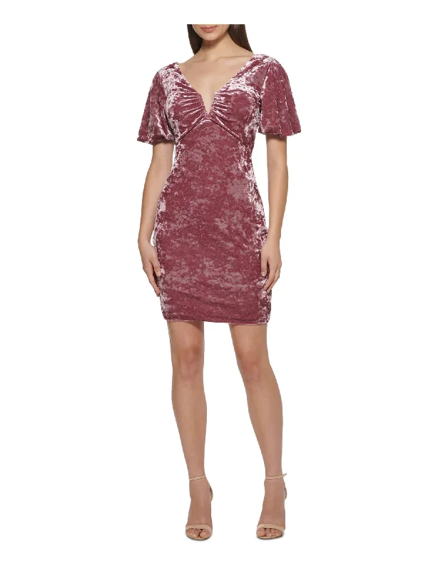 Discount Days GUESS Womens Burgundy Textured Zippered Shirred At Neck Line Pouf Sleeve V Neck Short Party Body Con Dress Discount Days GUESS Womens Burgundy Textured Zippered Shirred At Neck Line Pouf Sleeve V Neck Short Party Body Con Dress