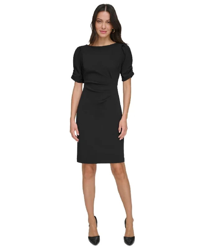 Don’t Miss Out DKNY Womens Black Pleated Zippered Ruched Short Sleeves Boat Neck Above The Knee Wear To Work Sheath Dress Don’t Miss Out DKNY Womens Black Pleated Zippered Ruched Short Sleeves Boat Neck Above The Knee Wear To Work Sheath Dress