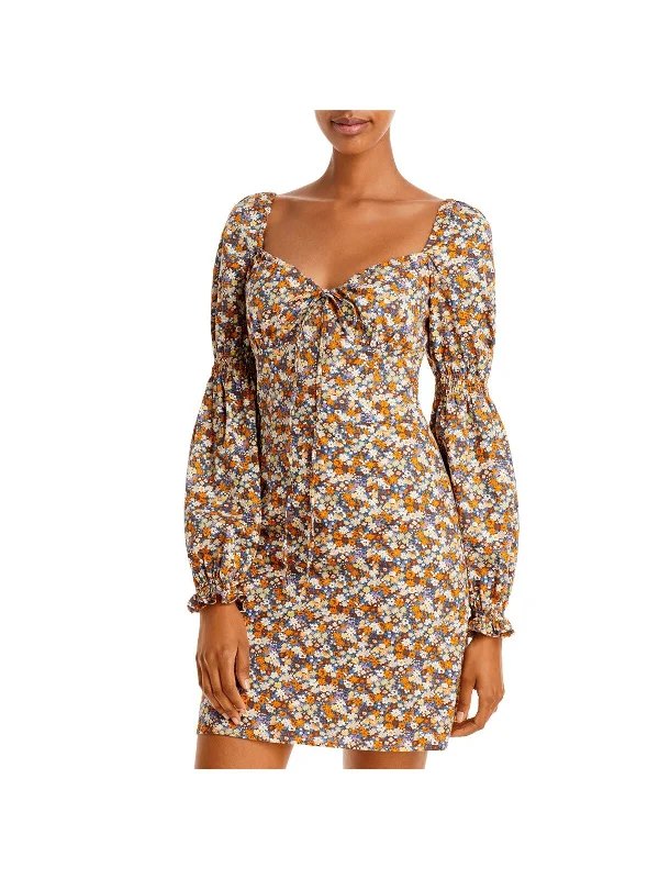 One-DAY Sale BARDOT Womens Yellow Zippered Smocked Bow At Front Neckline Floral Long Sleeve Sweetheart Neckline Mini Party Shift Dress One-DAY Sale BARDOT Womens Yellow Zippered Smocked Bow At Front Neckline Floral Long Sleeve Sweetheart Neckline Mini Party Shift Dress