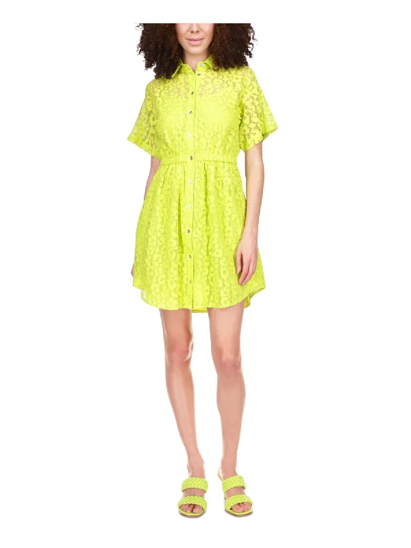 Holiday Sale MICHAEL KORS Womens Green Lace Elastic Waist Curved Hem Lined Short Sleeve Point Collar Short Party Shirt Dress Holiday Sale MICHAEL KORS Womens Green Lace Elastic Waist Curved Hem Lined Short Sleeve Point Collar Short Party Shirt Dress