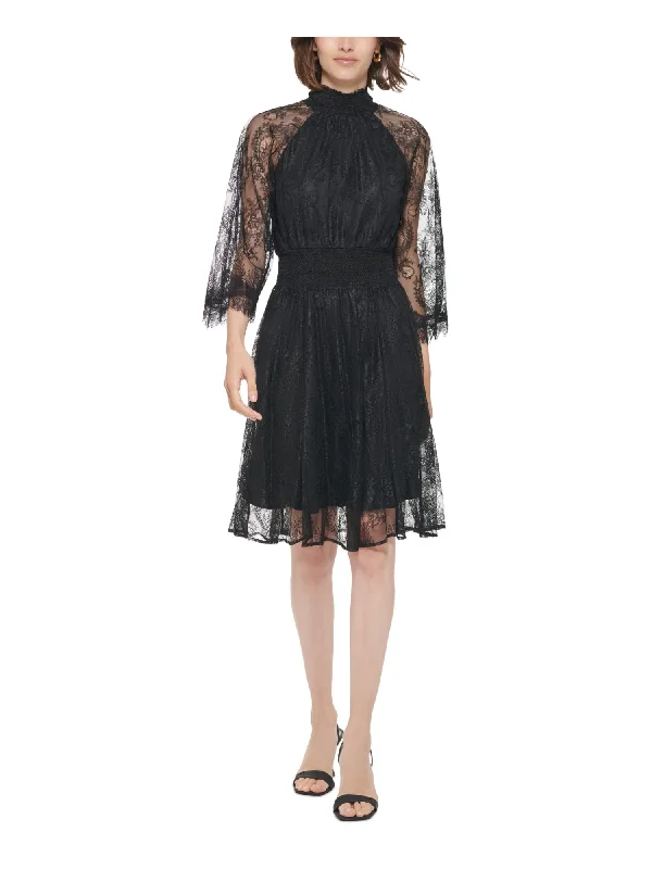 Seasonal Clearance CALVIN KLEIN Womens Black Zippered Lined Smocked Waist 3/4 Sleeve Mock Neck Above The Knee Party Fit + Flare Dress Seasonal Clearance CALVIN KLEIN Womens Black Zippered Lined Smocked Waist 3/4 Sleeve Mock Neck Above The Knee Party Fit + Flare Dress