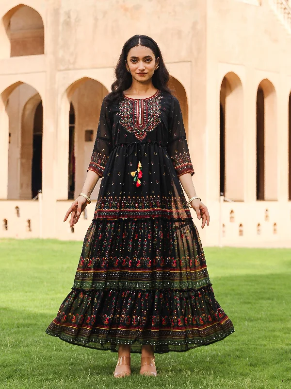Price Reduction Black Ethnic Motif Printed Georgette Maxi Dress With Sequins & Doris At Waist Price Reduction Black Ethnic Motif Printed Georgette Maxi Dress With Sequins & Doris At Waist