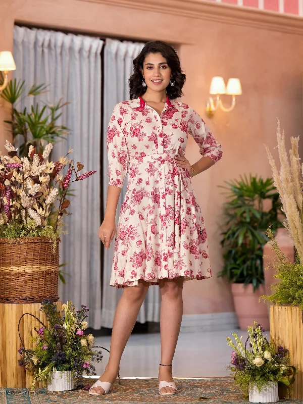 Get It Before It’s Gone Off White Floral Printed Liva Rayon Dress With Button Closure & Tie-ups Get It Before It’s Gone Off White Floral Printed Liva Rayon Dress With Button Closure & Tie-ups