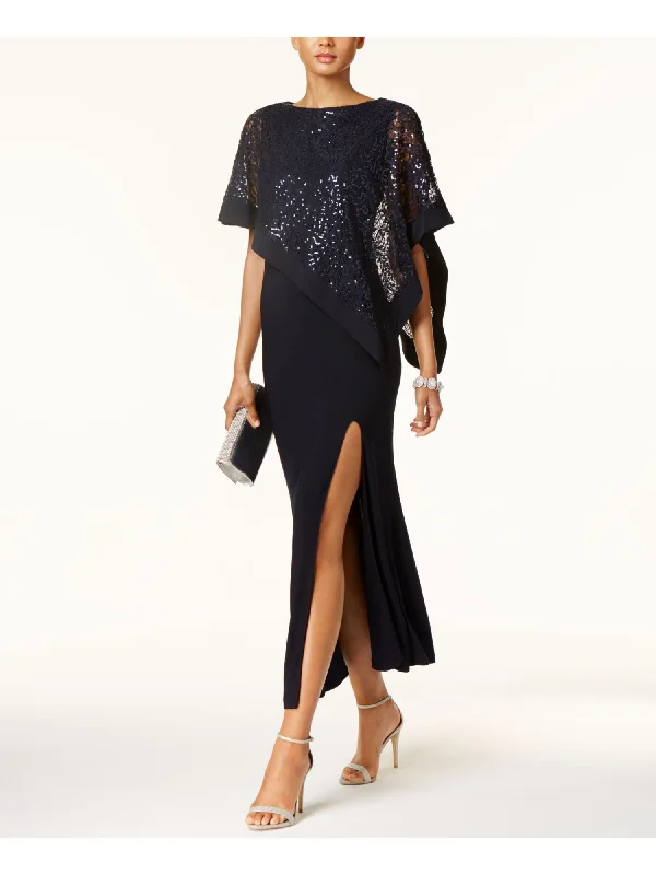 Closeout R&M RICHARDS Womens Navy Slitted Lined Asymmetrical Sequined Lace Cape Flutter Sleeve Boat Neck Maxi Evening Gown Dress Closeout R&M RICHARDS Womens Navy Slitted Lined Asymmetrical Sequined Lace Cape Flutter Sleeve Boat Neck Maxi Evening Gown Dress