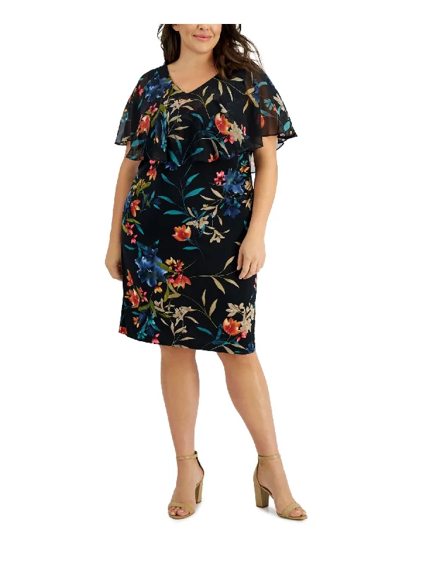 Discount Mania CONNECTED APPAREL Womens Navy Zippered Floral Short Sleeve V Neck Knee Length Sheath Dress