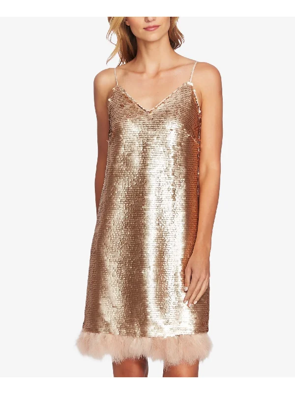 Blowout Sale CECE Womens Beige Sequined Feather Trim V Neck Above The Knee Party Shift Dress