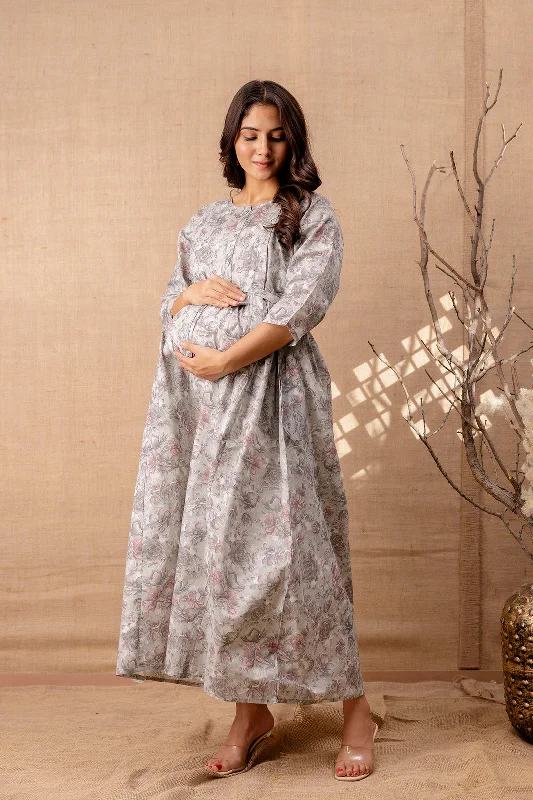 Super Bargain Women Grey Printed Flared Maternity Dress