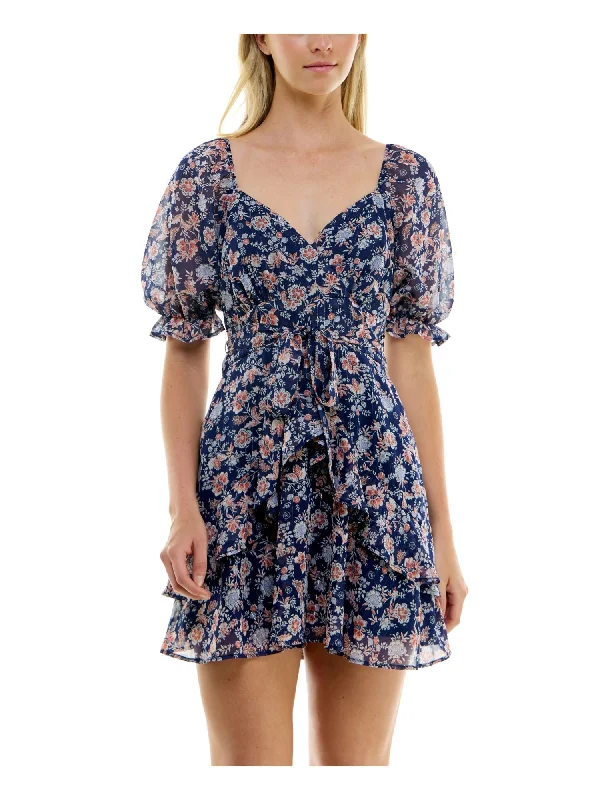 Low Prices TRIXXI Womens Navy Zippered Lined Tie-belt Tiered Ruffle Hem Floral Pouf Sleeve Sweetheart Neckline Short Fit + Flare Dress Low Prices TRIXXI Womens Navy Zippered Lined Tie-belt Tiered Ruffle Hem Floral Pouf Sleeve Sweetheart Neckline Short Fit + Flare Dress