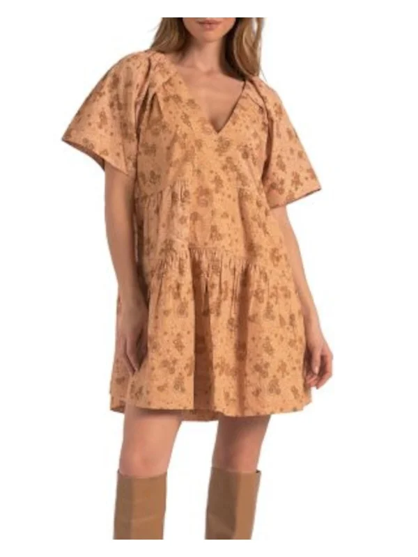 Deal Mania ELAN Womens Orange Printed Short Sleeve V Neck Mini Shift Dress