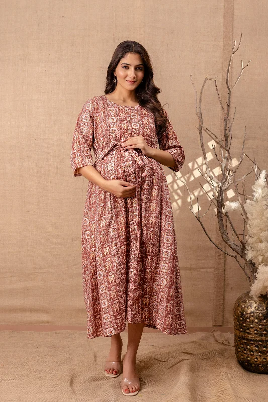 Markdowns Women Brown Printed Flared Maternity Dress