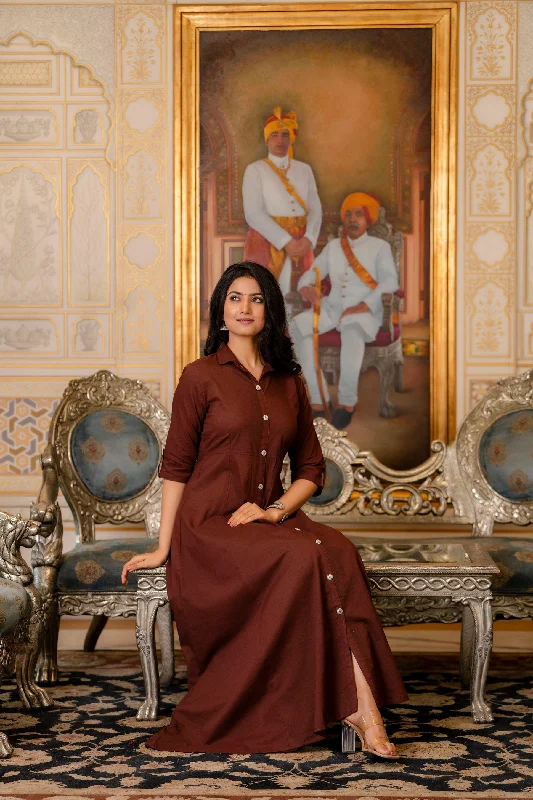 Seasonal Sale Women Chocolate Brown Maxi Dress with Shirt Collar & 3/4 sleeves