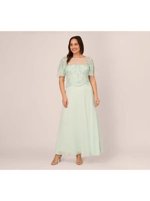 Steals and Deals ADRIANNA PAPELL Womens Green Embellished Scalloped V-back Zippered Lined Flutter Sleeve Boat Neck Maxi Party Gown Dress Steals and Deals ADRIANNA PAPELL Womens Green Embellished Scalloped V-back Zippered Lined Flutter Sleeve Boat Neck Maxi Party Gown Dress