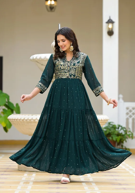 Price Meltdown Green Floral Printed Georgette Dress With Sequins