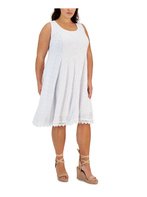 Crazy Savings SIGNATURE BY ROBBIE BEE Womens White Eyelet Lined Lace-trim Hem Pullover Sleeveless Scoop Neck Below The Knee Wear To Work Shift Dress Crazy Savings SIGNATURE BY ROBBIE BEE Womens White Eyelet Lined Lace-trim Hem Pullover Sleeveless Scoop Neck Below The Knee Wear To Work Shift Dress