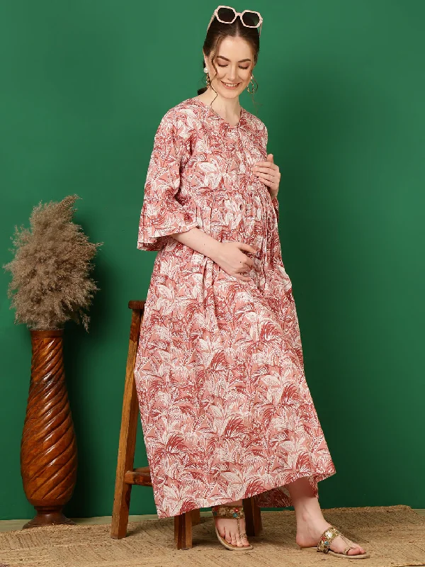 New Deals Women Mauve Floral Printed Flared Maternity Dress